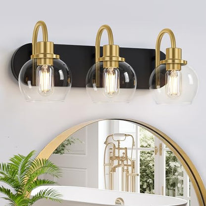 Dpyrrhic Modern 3-Light Vanity Light, Bathroom Lighting Fixture Over Mirror With Clear Glass Shade and Metal Base, Wall Sconces in Matte Black and Gold - color: Black & Gold, size: 3-Light