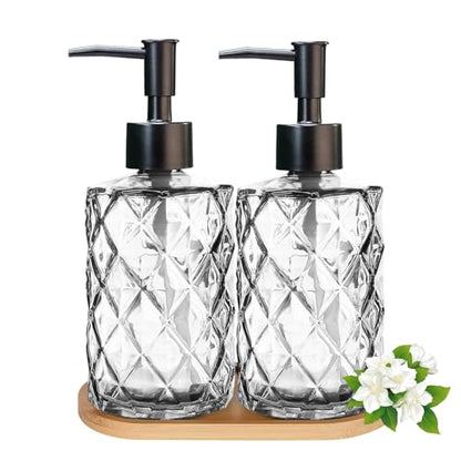 12oz Clear Glass Hand and Dish Soap Dispenser Set, Diamond Design, Set of 2 | Bathroom Soap Dispenser with Plastic Pumps, Bamboo Tray for Hand Wash & Dish Wash, for Bathroom Kitchen Countertop - color: Clear