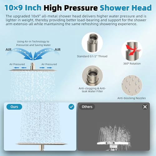 Hibbent 10'' Rainfall Showerhead with 4-mode Handheld Spray, Brushed Nickel | cUPC Certified High Pressure Showerhead Combo, 12'' Adjustable Extension Arm, Extension Bar, Easy Reach Holder, 71'' Hose - color: Brushed Nickel, style: Square 10''
