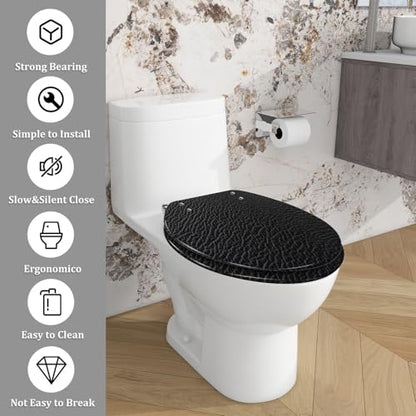 Elongated Resin Toilet Seat, Quietly Close Quick Release Hinges Cover | Toilet Lid Cover Easy to Clean and Install, Black leather texture Heavy Duty Toilet Seat - color: pattern8, size: V-shape