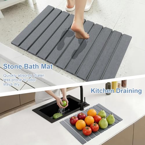 Dish Drying Mat, Stone Drying Mat for Kitchen Counter, Stone Bath Mat, Grey | Water Absorbing Diatomaceous Earth Drying Stone for Kitchen Counter, Bath Stone Mat, Kitchen Dish Drying Stone Mat, 24"×16" - color: Gray