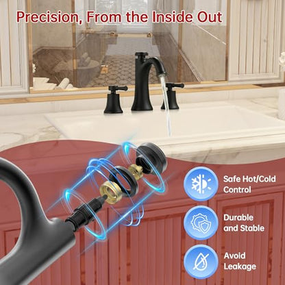 SUMERAIN Matte Black 8" Widespread Bathroom Sink Faucet 3 Hole 2 Handle | Transitional Style, Temperature Memory, Dual Spray Modes, Solid Brass - color: Matte Black