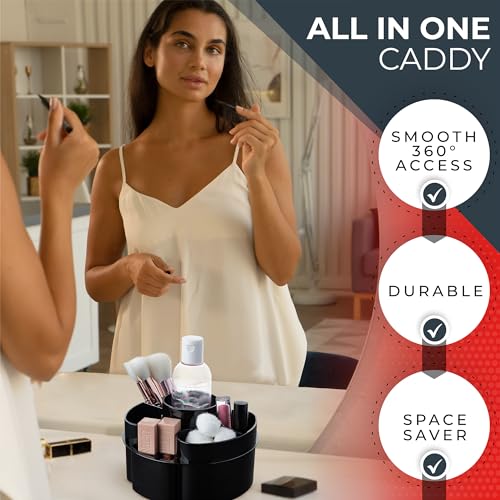 Masirs Small 360 Rotating Makeup Organizer, 5 Compartments, Round Black | Small 360 Rotating Makeup Organizer, 5 Compartments, Acrylic Mini Lazy Susan, Vanity Bathroom Counter, Round Black - color: Round Black