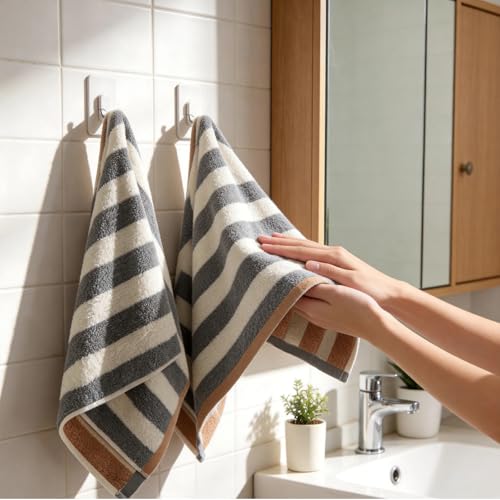 2-Pack Striped Hand Towels for Bathroom, 28x12 Inch Soft Cotton Towels, Absorbent Quick-Dry Guest Bath & Gym Towels, Kitchen Hand Towel Set (Gray)