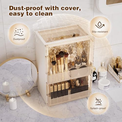 Makeup Organizer with Drawers and Lid, Large Skincare Organizer for Vanity, Dustproof Cosmetic Organizer and Makeup Storage Box with Brush Holder for Dresser, Bathroom Countertop