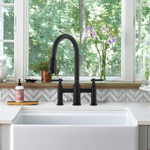 Matte Black Bridge Kitchen Faucet: 3 Holes Brass Bridge Faucet with Pull Down Sprayer - Two Handles 8 Inch Centerset Kitchen Sink Faucet, 360° Swivel Spout - color: Matte Black