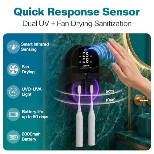 Jetfresh UV Toothbrush Sanitizer and Holder with Fan Drying| Wall Mounted UV-C Toothbrush Cleaner | Tooth Brush Sanitizer Holder Auto Shut-Off, USB Rechargeable, Fits All Brushes. - color: Black