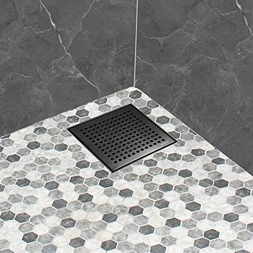 Neodrain 6" Shiny Black Square Shower Drain with Quadrato Pattern Grate | 304 Stainless Steel, Floor Drain with PVC Shower Drain Base and Rubber Gasket for Bathroom,Includes Hair Strainer - color: Shiny Black, size: 6 In