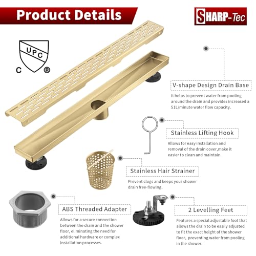 Sharp-tec Shower Drain, 32 inch Linear Shower Drain, Gold 304 Stainless Steel Rectangular Shower Floor Drain with Adjustable Leveling Feet, Hair Strainer, cUPC Certified, ST-096-32G - color: Gold, size: 32 inch