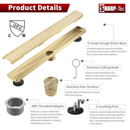 Sharp-tec Shower Drain, 24 inch Linear Shower Drain, Gold 304 Stainless Steel Rectangular Shower Floor Drain with Adjustable Leveling Feet, Hair Strainer, cUPC Certified, ST-096-24G - color: Gold, size: 24 inch