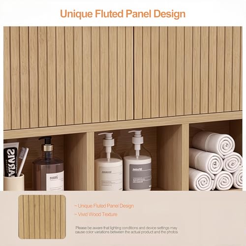Bathroom Wall Cabinet,Wooden Medicine Cabinet with Fluted Doors Over The Toilet Storage Cabinet with Adjustable Shelf for Bathroom (Wood) - color: Wood Block