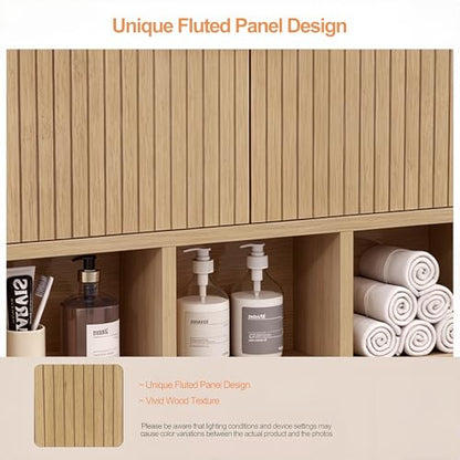 Bathroom Wall Cabinet,Wooden Medicine Cabinet with Fluted Doors Over The Toilet Storage Cabinet with Adjustable Shelf for Bathroom (Wood) - color: Wood Block