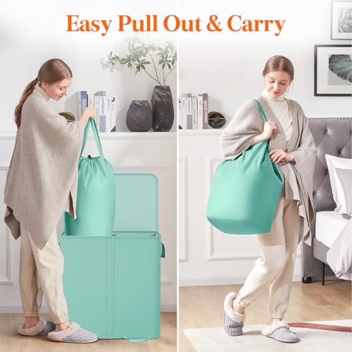 Lifewit Double Laundry Hamper with Lid and Removable Laundry Bags, Large Collapsible 2 Dividers Dirty Clothes Basket with Handles for Bedroom Laundry Room Closet Bathroom College, 136L Sage Green - color: Sage Green, size: 136L