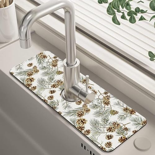 Abstract Pine Cones Sink Faucet Absorbing Mat Splash Guard Behind Faucet Sink Mat Absorbent Fast Drying Faucet Draining Mat for Bathroom Kitchen 5.5"×15" - size: 5.5"x15"