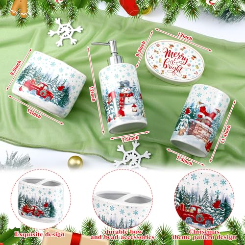 4 Pcs Christmas Ceramic Bathroom Accessories Gifts Xmas Bath Tumbler Xmas Tree Soap Dispenser Toothbrush Holder Soap Tray Merry Christmas Bathroom Decorations(Snowman) - style: Snowman