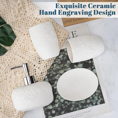 Ceramic White Bathroom Accessory Sets Embossed Design Look, Includes Bathroom Soap Dispenser with Rust-Proof Plastic Pump 13.5oz & 2Pcs Ceramic Cup,1Pcs Soap Dish - color: White-sliver