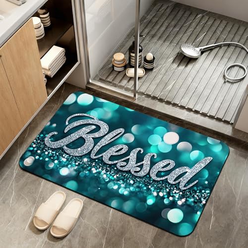 Non Slip Bath Mat,Blessed Glitter Bathroom Decor,Silver Diatomaceous Bath Mat Quick Dry Absorbent Bathroom Rugs-Shower Rug for Kitchen Laundry Bathtub Shower 17"x29.5" - color: Blessed Glitter, Silver