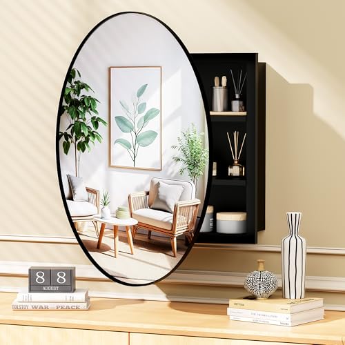Black Medicine Cabinet Mirror, Wall Mounted Bathroom Vanity with Mirror, 20.47" Round Bathroom Medicine Cabinet with Storage Function, Removable Shelves, Metal, NO Assembly