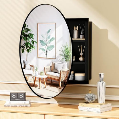 Black Medicine Cabinet Mirror, Wall Mounted Bathroom Vanity with Mirror, 20.47" Round Bathroom Medicine Cabinet with Storage Function, Removable Shelves, Metal, NO Assembly
