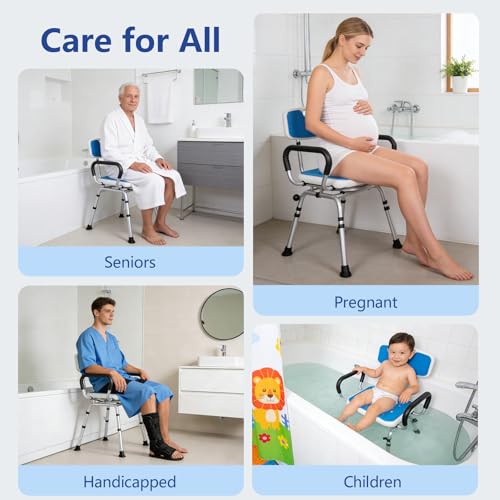 Swivel Shower Chair 500lbs Heavy Duty Adjustable Arms & Back 360° Rotating | Slip-resistant rubber feet Easy-clean Tool-free Install Ergonomic wide seat Built-in drainage holes 5 height settings - size: Blue