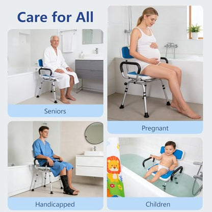 Swivel Shower Chair 500lbs Heavy Duty Adjustable Arms & Back 360° Rotating | Slip-resistant rubber feet Easy-clean Tool-free Install Ergonomic wide seat Built-in drainage holes 5 height settings - size: Blue