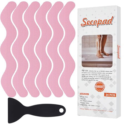 Secopad 24PCS Anti-Slip Shower Stickers with Scraper, 0.8"*8", Pink | Patented, Non Slip, Easy to Use and Clean,Strong Adhesive & No Residue, For Bath Tub, Shower Floor, Stairs, Safe PEVA Decals - color: Pink