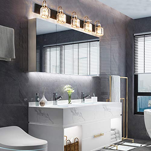 Ralbay Modern LED Bathroom Vanity Lights 5-Lights Crystal Vanity Lights Over Mirror Modern Black Bathroom Vanity Lighting Fixtures - color: Round-Black+Gold, size: 5-light