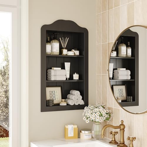 CJL 14''x24'' Recessed Medicine Cabinet, Solid Wood in-Wall Cabinet, Black | Victorian Bathroom Wall Niche Shelf, 3-Tier, No MDF, Fully Assembled - color: Black, size: 14"x24"x3.75"