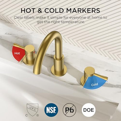 FORIOUS Bathroom Faucet 3 Hole, 360° Swivel 8 Inch Sink Faucet Brushed Gold | with Pop Up Drain, 2 Handles,for Sink Vanity RV Lavatory Farmhouse, 304 Stainless Steel, Lead-free, Leakproof - color: Brushed Gold