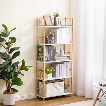 5-Tier Expandable Freestanding Open Bamboo Book Shelf - No-Tool Assembly & Modular,Bathroom Storage Shelf Unit Plant Stand for Small Space, Bedroom, Living Room, Home Office (White, 5-Tier WithRail) - color: White 5-tier-2