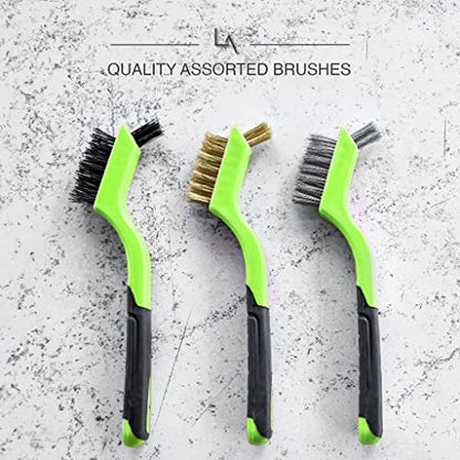 Wire Brush Set 3Pcs - Nylon/Brass/Stainless Steel Bristles with Curved Handle Grip for Rust, Dirt & Paint Scrubbing with Deep Cleaning – 7 Inches (Green) - color: Green