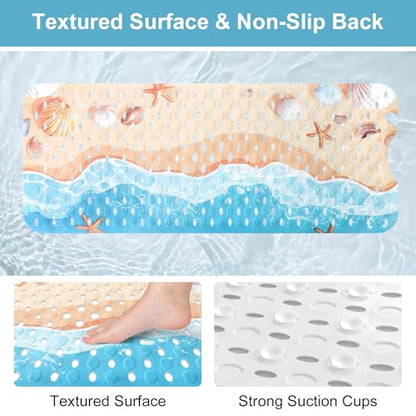 Shower Mat Non Slip, Yonala Premium Anti Slip Stylish Bath Tub Mat, 40 x 16 Inch Extra Large Bathtub Mat with Suction Cups and Drain Holes, Machine Washable - color: Sea Beach
