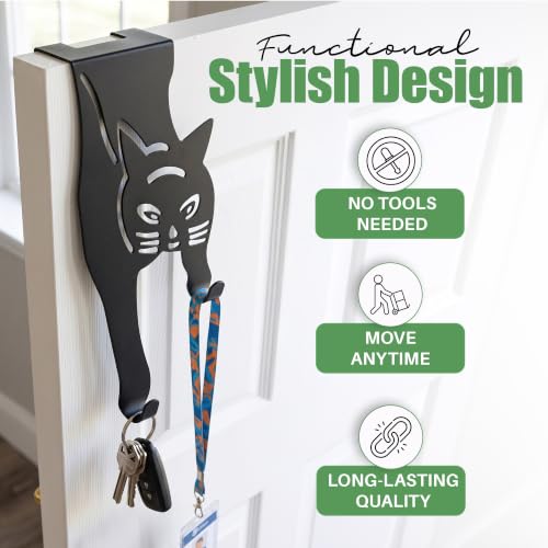 Evelots Cat Over The Door Hooks for Hanging-Set of 2 Black-Over The Door Organizer-Strong Metal Hooks - size: 2 Pack, style: Scratching Cat Design