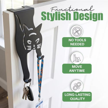 Evelots Cat Over The Door Hooks for Hanging-Set of 2 Black-Over The Door Organizer-Strong Metal Hooks - size: 2 Pack, style: Scratching Cat Design