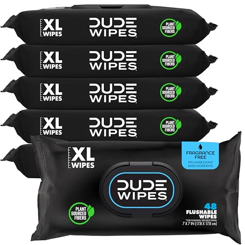 DUDE Wipes Unscented Adult Flushable Wet Wipes, Sensitive Skin, 288 Count | 6 packs of 48 extra large flushable butt wipes. Hypoallergenic plastic-free wipes. 99% water, vitamin E, aloe. Septic safe. - size: 48 Count (Pack of 6)