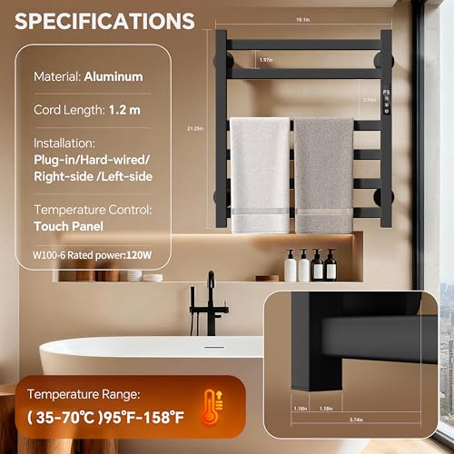 Electric Towel Warmer Wall Mounted, Heated Towel Rack with Intelligent Timer & Temperature Control, Plug-in or Hardwired, Left/Right Compatible, 21 Inch, Black - color: Black, size: 21 Inch