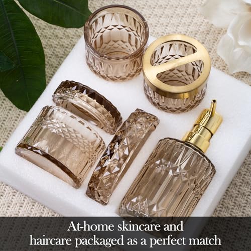Bathroom Accessory Set 5 Pcs, Glass Bathroom Set Include Soap Dish, Toothbrush Holder, Mousewash Cup, Soap Dispenser, Cotton Swab Jar, Amber - color: Amber, style: 5 Pack