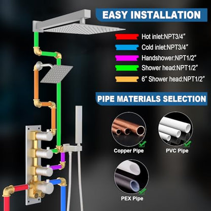 Enga Thermostatic Dual Shower System, 12"+6" Wall Mount Dual Rain Shower Faucet, All Functions Use Together & Volume Adjustable, Brushed Nickel - color: Brushed Nickel, style: ‎12"+6" Head