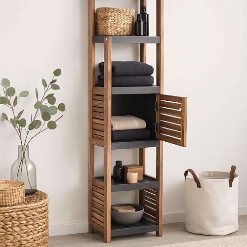 Tall Bathroom Storage Cabinet, Vented Door, Linen Tower, Slim, Brown-Gray | Engineered Wood, Art Deco, Space-Saving Bathroom Storage, Easy Assembly, Fits Small Bathrooms, Laundry, Hallway