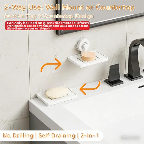 SUOXING 2 Pcs Soap Dish Holder for Shower Suction Cup Wall Mounted Self Draining NO-Drilling Removable Sponge & Bar Soap Holder,Shower Soap Rack & Shelf for Bathroom Bathtub Kitchen Sink,Plastic,White - color: White