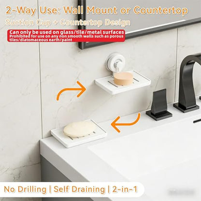 SUOXING 2 Pcs Soap Dish Holder for Shower Suction Cup Wall Mounted Self Draining NO-Drilling Removable Sponge & Bar Soap Holder,Shower Soap Rack & Shelf for Bathroom Bathtub Kitchen Sink,Plastic,White - color: White