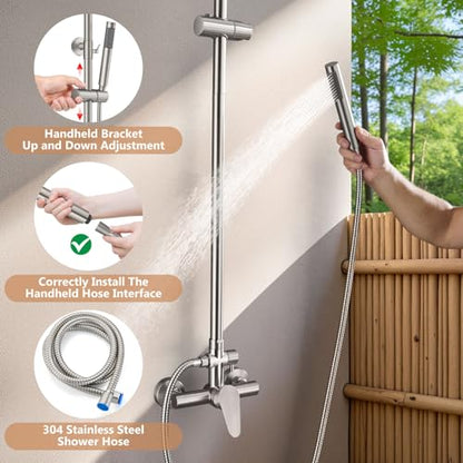 Outdoor Shower Kit, 8-Inch Rain Head and Handheld, Brushed Nickel | Dual-Function Outdoor Shower Kit With An 8-Inch Rain Head, Handheld Spray, Adjustable Slide Bar And Single-Handle Control - color: Nickel