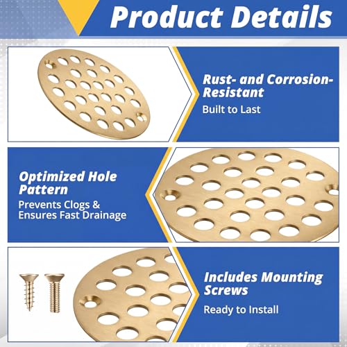 2pcs 4 Inch Round Screw-in Shower Drain Cover Replacement Easy-to-Install Floor Drain Grate with Screws Brushed Nickel(Gold) - color: Gold