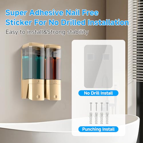 Shampoo and Conditioner Dispenser,Shower Dispenser 2 Chamber No Drill Shampoo Dispenser for Shower Wall Mounted Shower Soap Dispenser for Bathroom Hotel,Large Capacity 2 * 500ML,Gold - color: Gold 2 Chamber