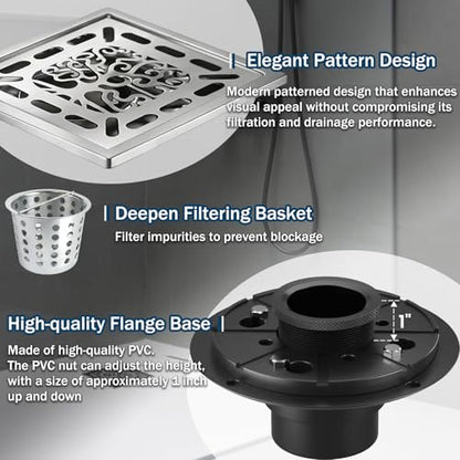 4 Inch Shower Drain, Square Shower Floor Drain Kit with Flange and Removable Cover Grate, AISI 304 Stainless Steel, Brushed Nickel - color: Brushed Nickel, size: 4 inches