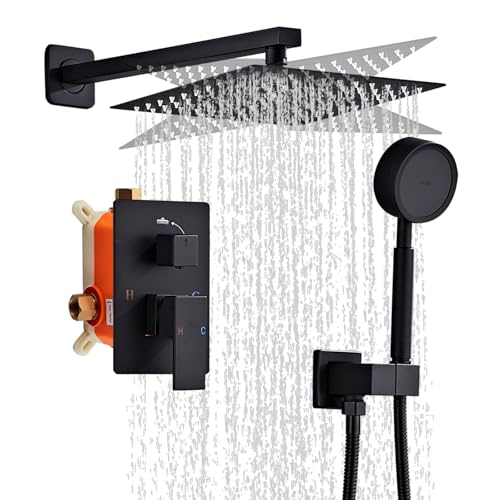 Matte Black Rainfall Shower Head, Wall Mounted 8 Inch Shower Heads with Handheld Spray Combo, Luxury Bathroom Square Rain Shower System, Solid Brass Pressure Balancd Shower Faucet Valve - color: Matte Black, style: 8 Inch