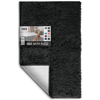 Hearth & Harbor Bathroom Rugs, Chenille Bath Mat - Machine Washable Bath Mats for Bathroom Non-Slip Backing Rubber, Quick Dry Bathroom Mat - color: Black, style: 20 x 32