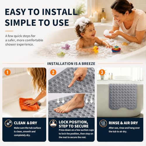 Yimobra Non Slip Bathtub Mat 40 x 16 Inch, Extra Long Shower Mat with Drain Holes, Machine Washable Baby Bath Mats, Strong Suction Cups for Bathroom Floor, Grey - color: Grey
