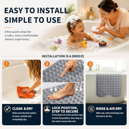 Yimobra Non Slip Bathtub Mat 40 x 16 Inch, Extra Long Shower Mat with Drain Holes, Machine Washable Baby Bath Mats, Strong Suction Cups for Bathroom Floor, Grey - color: Grey