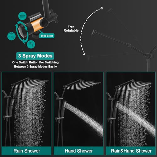 All Metal 10 Inch Rain Shower Head with Handheld Spray Combo, High Pressure Waterfall Rainfall Square Shower Heads with 16" Adjustable Extension Arm, Dual Showerhead with 3-Way Diverter, Matte Black - color: Matte Black, size: 10 Inch